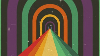Looped retro dark colorful background with rainbow road and cosmic gates, pop art, grainy texture, 4k animation cartoon footage - Powered by Adobe