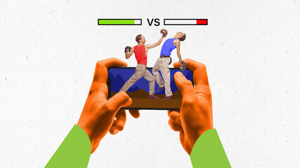 Modern aesthetic artwork. Hands holding smartphone with image of two boxers fighting, health bars at top. Concept of mobile sports game app, focusing on competition and player interaction. © Lustre Art Group 