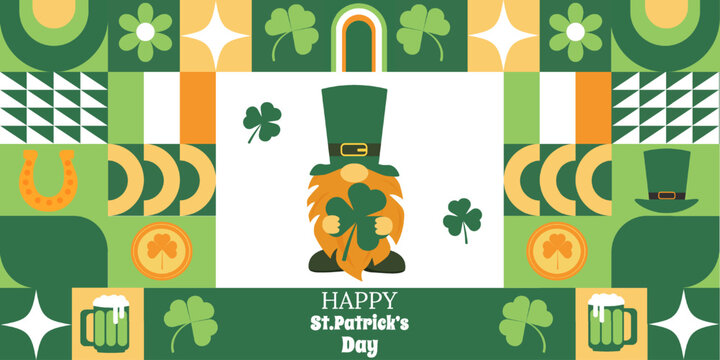 Happy St. Patrick's Day. Geometric horizontal background with abstract shapes . The traditional elements of the Irish holiday are depicted. Trending vector illustration for banners, posters.