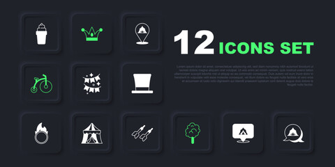 Set Circus tent, Carnival garland with flags, Cotton candy, Vintage bicycle, Jester hat bells and Dart arrow icon. Vector