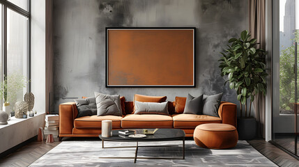 modern living room with a empty frame in the center