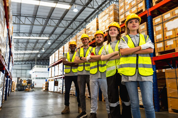 Photo group of diversity men and women factory workers standing arm crossed in auto part contribution warehouse