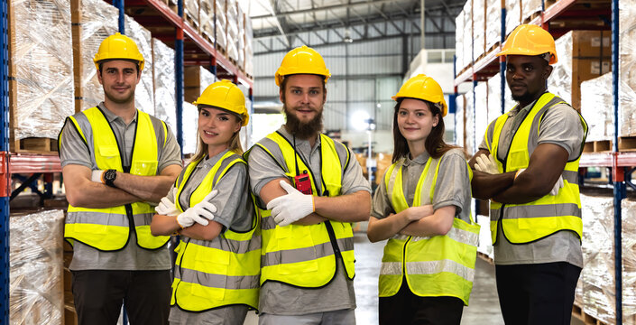 Group of diversity factory warehouse men and women workers working together in contribution warehouse