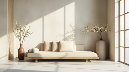 Empty light pastel minimalistic room interior with vases, ikebana and sofa in Japanese style decor for zen practices