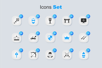Set Crossed medieval sword, Medieval catapult, King with crown, axe, Castle tower, arrows, Mace spikes and Shield icon. Vector