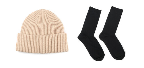 Winter Hat Isolated, Knitted Cap, Beige Winter Hat on White Background