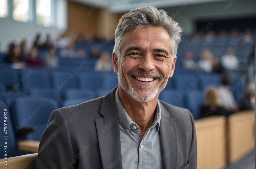 Wall mural portrait of professor smiling at the camera in a university lecture hall