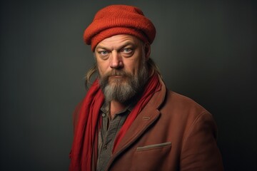 Studio portrait of a long-haired bearded man in a red hat and coat.