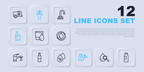Set line Drop and magnifying glass, Bottle of water, Glass with, Watering can, Fountain and drop percentage icon. Vector