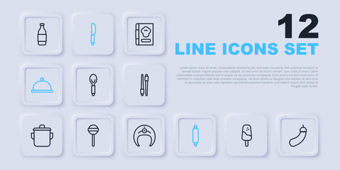 Set line Ice cream, Eggplant, Spoon, Rolling pin, Covered with tray of food, Lollipop, Knife and Fish steak icon. Vector
