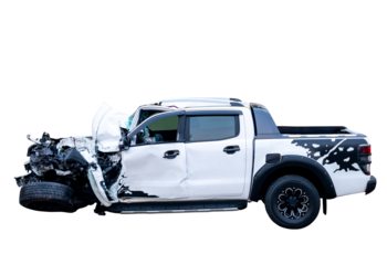 Car crash, Side view of white pickup car get hard damaged by accident on the road. damaged cars after collision. isolated on transparent background, PNG File