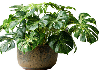 Accentuates Monstera deliciosa plant in decorative pot on isolated background