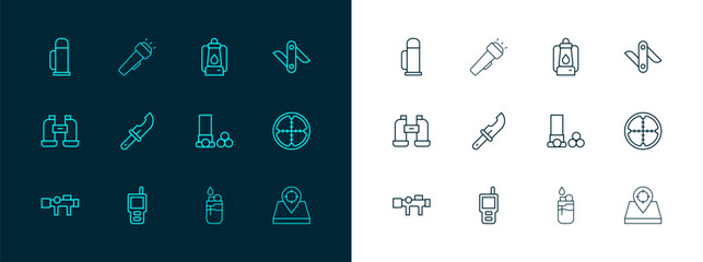 Set line Swiss army knife, Walkie talkie, Cartridges, Lighter, Hunter, Camping lantern, Thermos container and Flashlight icon. Vector