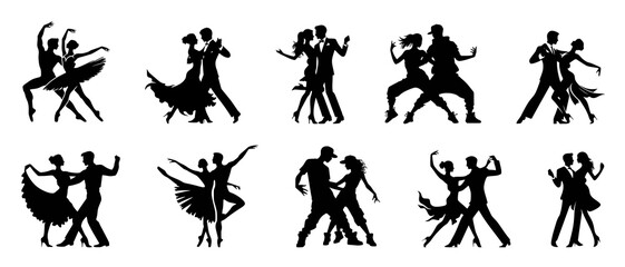 Dancers Silhouettes Performing in Various Poses Dancing Couple black filled vector Illustration