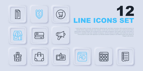 Set line Online shopping on screen, Shopping list, Credit card, Advertising, Market store, Paper bag, Shield with dollar and Identification badge icon. Vector