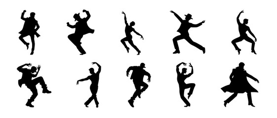 Silhouettes of Male Dancers in Stylish Moves and Poses black filled vector Illustration