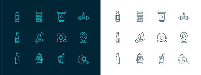 Set line Water drop, Fire hydrant, with speech bubbles, Glass water, Washing hands soap, filter cartridge, Bottle of and cooler icon. Vector
