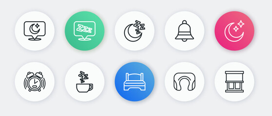 Set line Big bed, Moon and stars, Alarm clock, Travel neck pillow, Ringing bell, Window with curtains and Chamomile tea icon. Vector