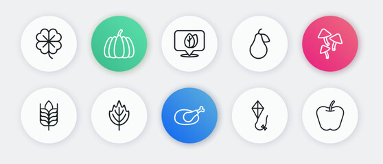 Set line Roasted turkey or chicken, Mushroom, Wheat, Kite, Pear, Location with leaf, Apple and Leaf icon. Vector