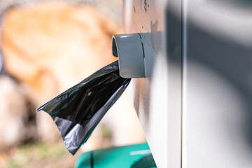 A grey box equipped with a bag dispenser stands on the street, facilitating responsible pet...