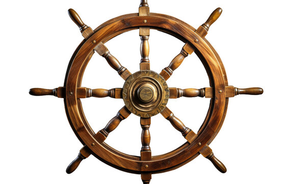 Accentuates old wooden ship wheel with brass details on white background