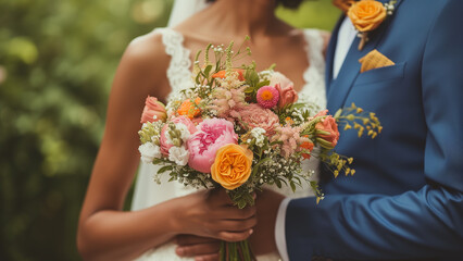 In the midst of the wedding ceremony, the bride, dressed in a meticulously crafted lace gown, stood beside the groom, her hand holding a delicate bouquet of roses.