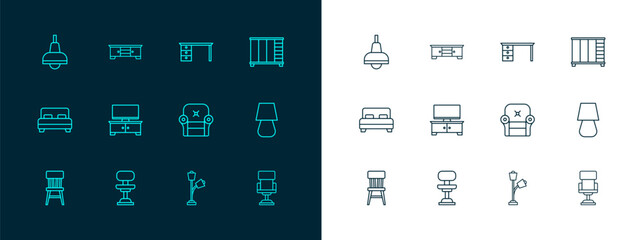 Set line Wardrobe, Office chair, Armchair, Floor lamp, TV table stand, desk, Lamp hanging and icon. Vector