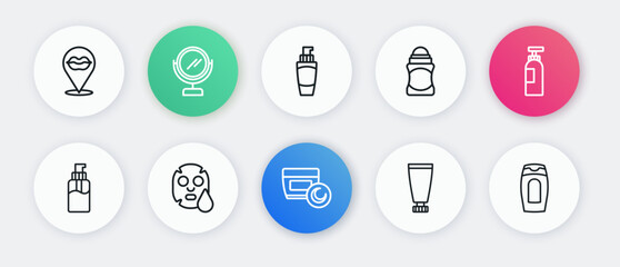 Set line Cream or lotion cosmetic tube, Bottle of shampoo, liquid soap, Deodorant roll, Tube hand cream, and Facial mask icon. Vector