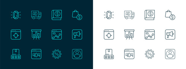 Set line shopping bag and dollar, Page with 404 error, Market analysis, Discount percent tag, Board graph chart, Financial book, Diamond and Advertising truck icon. Vector