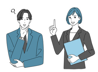 疑問を持つ男性と説明する女性