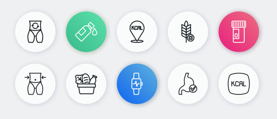 Set line Smart watch with heart, Vitamins, Women waist, Human stomach health, Gluten free grain, Kcal, and Shopping bag and food icon. Vector
