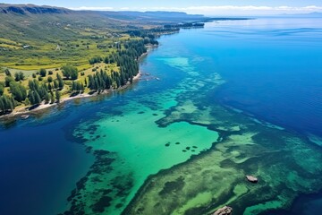 Mauritius landscape. Aerial drone view of blue lagoon. Generative AI Art. Beautiful view.