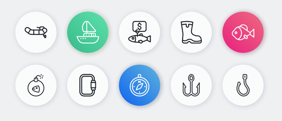 Set line Compass, Fish, Bomb, Fishing hook, boots, Price tag for fish, and Carabiner icon. Vector