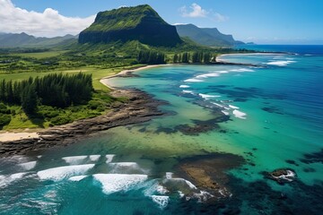 Mauritius landscape. Aerial drone view of mountain, blue lagoon. Generative AI Art. Beautiful view.