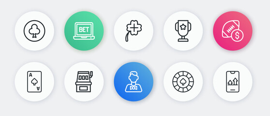 Set line Casino dealer, American football betting money, Playing card with spades symbol, chips, poker trophy cup, slot machine clover, Online sports and Slot icon. Vector