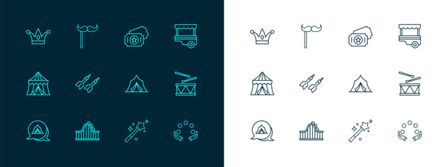 Set line Fast street food cart, Roller coaster, Circus tent, Magic wand, Dart arrow, ticket, Jester hat with bells and Paper mustache on stick icon. Vector