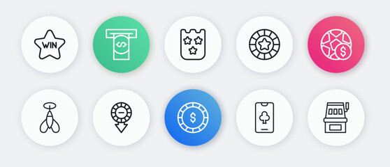 Set line Casino chip with dollar, Football betting money, Dart arrow, Online poker table game, chips, Lottery ticket, Slot machine and icon. Vector