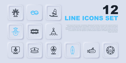 Set line Submarine, Ship porthole, Nautical rope knots, Surfboard, Captain hat, and Location with anchor icon. Vector