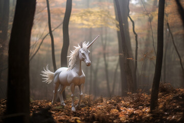 
A white unicorn standing in a misty forest.