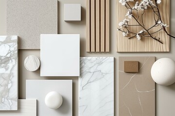 interior design material sample moodboard with luxury surfaces like marble and wood - Powered by Adobe