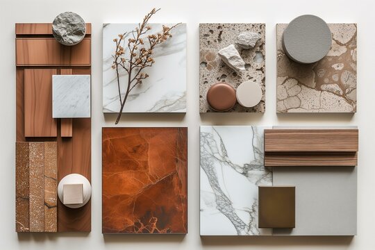 interior design material sample moodboard with luxury surfaces like marble and wood