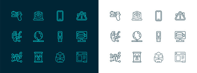 Set line Exclamation mark in triangle, Radioactive waste barrel, USB flash drive, Cloud database, Global technology, Mobile phone, Futuristic weapon and Computer vision icon. Vector