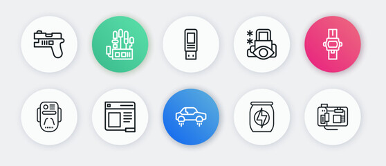 Set line Fantastic flying car, Wrist watch, Artificial intelligence robot, Energy drink, Cyber security, USB flash drive, Motherboard and Browser window icon. Vector