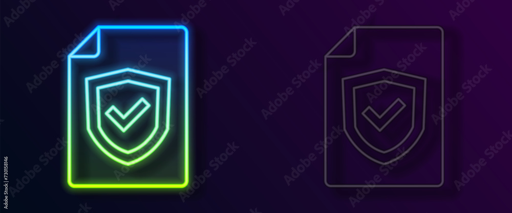 Poster Glowing neon line Contract with shield icon isolated on black background. Insurance concept. Security, safety, protection, protect concept. Vector