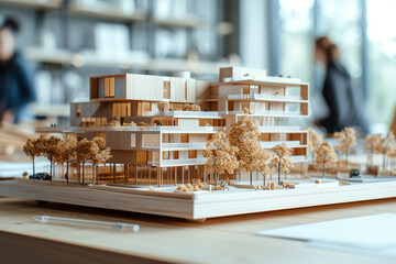 Architects team designs sustainable apartment buildings in office. Residential complex scale model on table aids project visualization.




