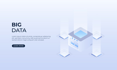 Big data isometric vector illustration. Data server technology analysis room. Good for websites, banners, and landing pages.		