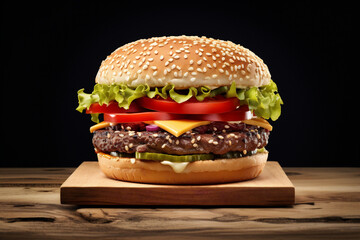 Hamburger on a wooden table on black background