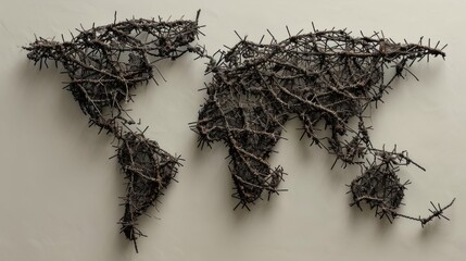 World map made of barbed wire. All continents of the prison world