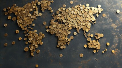 World map made of coins. All continents of the finance world