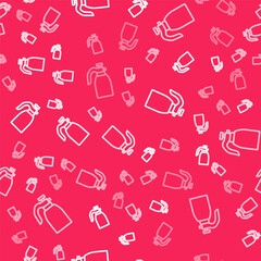 White line Garden sprayer for water, fertilizer, chemicals icon isolated seamless pattern on red background. Vector